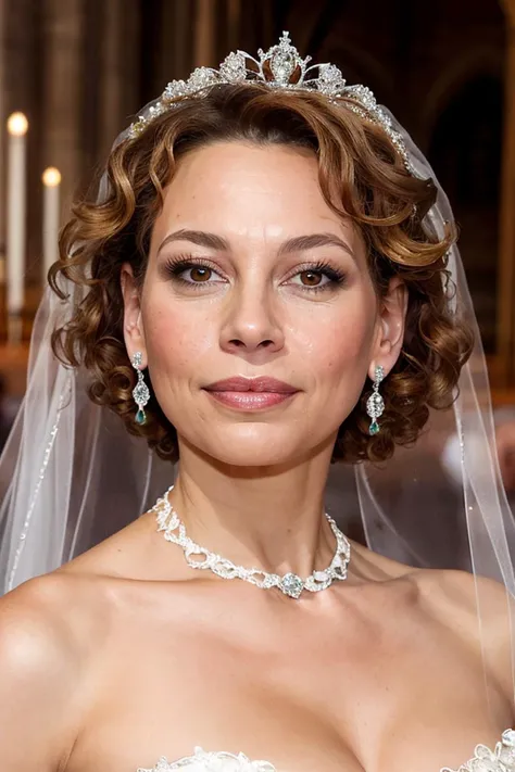 donna_langley, woman, young, bride, white wedding dress, big diamond tiara, veil, perfect brown hair, diamond embroidery, portrait, gold jewelry, diamond earrings, looking at viewer, beautiful face, perfect brown eyes, pouty pink lips, perfect skin, few freckles, best quality, indoors, cathedral, church, soft lighting, <lora:donna_langley_512p_nocap_16i_8r_16e_64d_32_a:0.5>