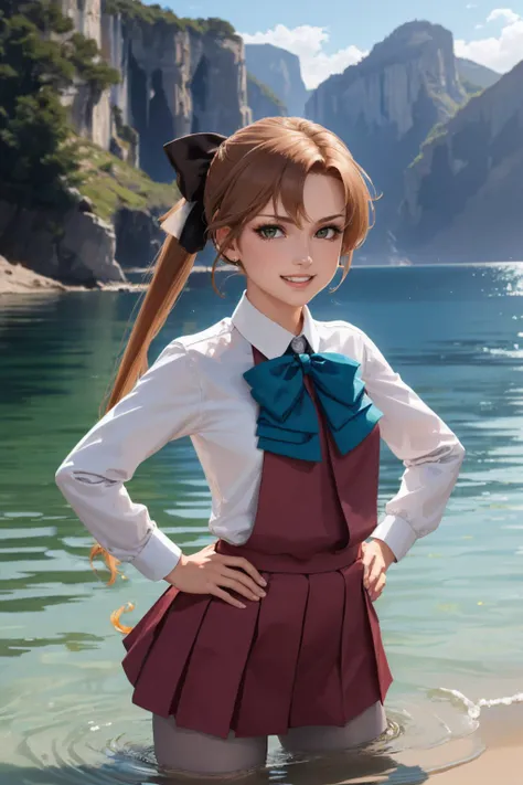 (masterpiece, best quality:1.2), <lyco:kancolle_akigumo-10:1.0>, cowboy shot, solo, 1girl, akigumo, grin, looking at viewer, hands on hips, wading, ponytail, hair ribbon, school uniform, shirt, bow, skirt, grey pantyhose