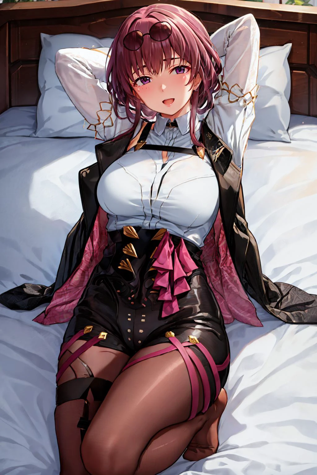 masterpiece, best quality, <lora:kafka-nvwls-v1-final:0.9> kafka, purple eyes, sunglasses on head, black jacket, collared shirt, black shorts, pantyhose, seiza, bed, arms behind head, smile <lora:tomajiyama-Style-000080:1>
