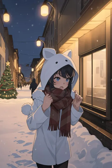 1girl, hood up, winter, night, street lamps lighting, downtown, falling snow, winter coat, fur-trimmed coat, scarf, snow, people in the background, christmas, lighting, <lora:sakurajimaMai_maiV10:1>
