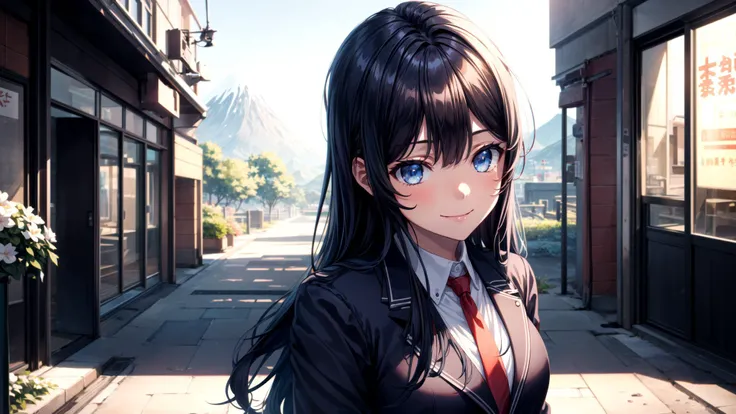 (masterpiece, best quality), ((1girl, (mature female), sakurajima_mai, <lora:MAI:0.5>), (dark blue hair, long hair, straight hair), (blue eyes, looking at vieweri light smile), (brown blazer , brown sweater, red necktie)), (mountain, road, walkway, white flower, close-up), (highres, chromatic aberration), (<lora:add_detail:1>),