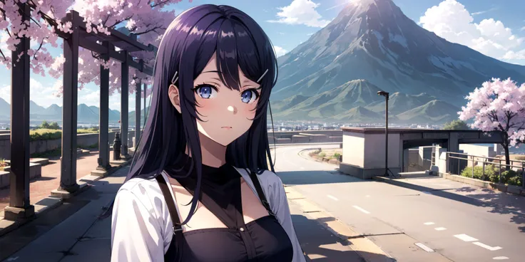 (masterpiece, best quality), ((1girl, (mature female), sakurajima_mai, <lora:MAI:0.7>), (dark hair, long hair, hair ornament), (purple blue eyes)), (upper body, looking at the viewer), (road, walkway, sky, clouds, mountain),