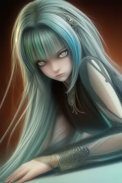 ((beautiful girl)) in (((((blouse made of 100% thick multicolored wire))))), ((((posing in various sensual poses, in full growth, She frowns, the brightly blue girl's pupils are the same size and color, The eyes are directed in one direction, very clearly drawn face and eyes))))
masterpiece, best quality, highly detailed, clarity, elegant, lots of details, very high resolution, contrast, filigree, emotional, touching