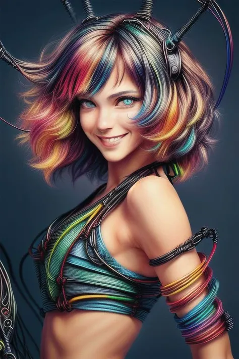 ((beautiful girl, full height,)) in (((((bikinis made of 100% thick multicolored wire))))), ((((The girl is smiling and she is happy, posing in various sensual poses, in full growth, She frowns, the brightly blue girl's pupils are the same size and color, The eyes are directed in one direction, very clearly drawn face and eyes, front view, The background is a world made of wire
))))))))
masterpiece, best quality, highly detailed, clarity, elegant, lots of details, very high resolution, contrast, filigree, emotional, touching
