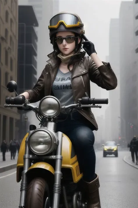 best quality, <lora:Aphra_Merged:0.85>, (sci-fi:1.10), aphra riding a motorized vehicle, alone, jacket, goggles on head, brown helmet, black hair, short sleeves