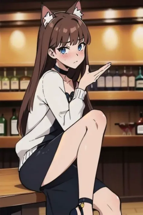 1girl, breasts, blush, solo, brown hair, long hair, cleavage, blue eyes, bangs,looking at viewer, cat ears, embarassed,long cool woman in a black dress, , sitting, affection, pub background, in a quite of side, leg to leg, chocker with bell,