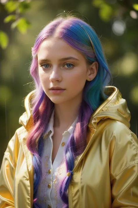 (((((beautiful girl Olya, in full growth, long hair, rainbow-colored hair, 
The girl is wearing a golden cloak with embroidery, 
white jacket under a raincoat))))), (((the girl's pupils are the same color and size, girl's pupils are round and directed in one direction))), ((((clearly drawn eyes )))), ((background summer meadow, sunny, day,))
masterpiece, best quality, highly detailed, cinematic film, surreal lighting shadow, kodak film,cinemascope,epic,gorgeous, professional photo, clarity drawn body details, augmented reality, hyperrealistic, hyperdetalization, clarity, elegant, 6k digital photo quality, lots of details, professional design, very high resolution, contrast, augmented details of the environment and background, filigree, emotional, touching, clear drawing of the details of the environment, photographic clarity and depth of drawing.