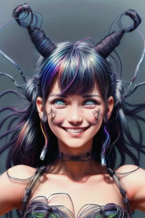 ((beautiful girl)) in ((((rainbow dress made of 100% thick multicolored wire)))), (((((The girl is smiling and she is happy, posing in various sensual poses, in full growth, She frowns, the brightly blue girl's pupils are the same size and color, The eyes are directed in one direction, very clearly drawn face and eyes, front view, The background is a wire world and wire animals, full height
)))))
masterpiece, best quality, highly detailed, clarity, elegant, lots of details, very high resolution, contrast, filigree, emotional, touching