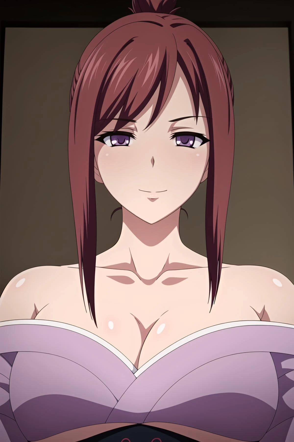 (day),Simple White Background,
Standing at attention,
japanese clothes, Purple kimono,bare shoulders, off shoulder, deepcleavage,collarbone,
<lora:Sumire_NEZU_Kagirohi-KK77-V1:0.7>,
brown hair,bangs, Hair Bun,purple eyes,
<lora:Mariana_Luciano_NON_VIRGIN-KK77-V1:0.3>,<lora:more_details:0.1>,
1 girl, 20yo,Young female,Beautiful Finger,Beautiful long legs,Beautiful body,Beautiful Nose,Beautiful character design, perfect eyes, perfect face,expressive eyes,perfect balance,
looking at viewer,(Focus on her face),closed mouth, (innocent_big_eyes:1.0),Light_Smile,
official art,extremely detailed CG unity 8k wallpaper, perfect lighting,Colorful, Bright_Front_face_Lighting,shiny skin,
(masterpiece:1.0),(best_quality:1.0), ultra high res,4K,ultra-detailed,
photography, 8K, HDR, highres, absurdres:1.2, Kodak portra 400, film grain, blurry background, bokeh:1.2, lens flare, (vibrant_color:1.2),professional photograph,
(Beautiful,large_Breasts:1.4), (beautiful_face:1.5),(narrow_waist),