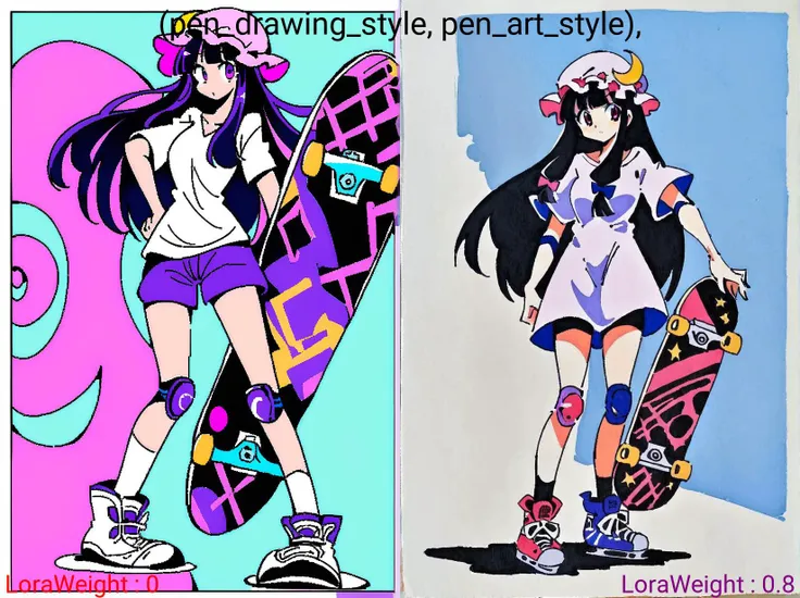 (pen_drawing_style, pen_art_style),slender,adult,thin hip,patchouli knowledge,1girl,purple hair,purle eyes,long hair, mob cap,crescent hat ornament, ribbon,dress,holding, holding skateboard,1girl, solo, long_hair, shirt, black_hair, full_body, white_shirt, short_sleeves, sky, shoes, shorts, socks, blue_sky, shadow, sneakers, knee_pads, elbow_pads, skates, skateboard, inline_skates
