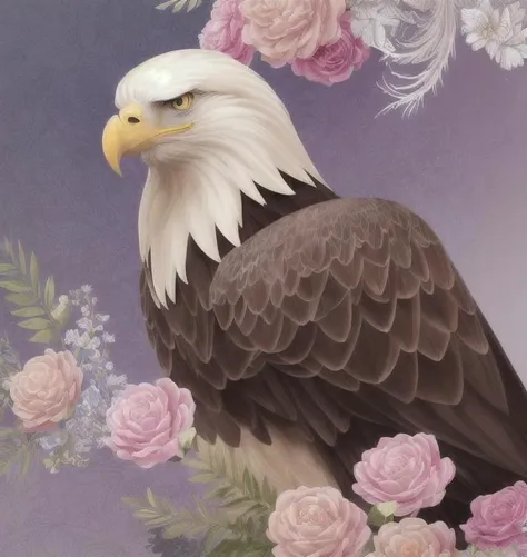 overwhelmingly beautiful eagle framed with vector flowers, long shiny wavy flowing hair, polished, ultra detailed vector floral illustration mixed with hyper realism, muted pastel colors, vector floral details in background, muted colors, hyper detailed ultra intricate overwhelming realism in detailed complex scene with magical fantasy atmosphere, no signature, no watermark, skin, plastic relief surface of body, intricate details, cinematic,