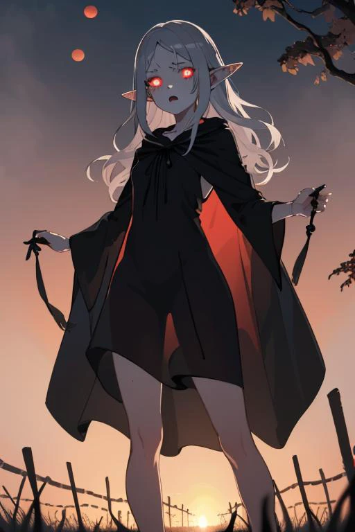 (best quality:1.2) (4k:1.) (highres:1.1) , (realistic photograph:1.1) , (ultra detailed CG:1.1) ,
1girl elf , solo , (small breasts:1) , (silver long wavy hair :1) , <lora:See-through:.8> (see-through silhouette:1) , darkness , horror , intense shadow , body silhouette , black hooded cape , black dress , sunset , horizon , gradient sky , holding lantern , standing in field , glowing eyes , thigh gaping , red moon , <lora:epiCRealismHelper:1> <lora:Gloomifier_TheDread_V1_LECO:1.5>