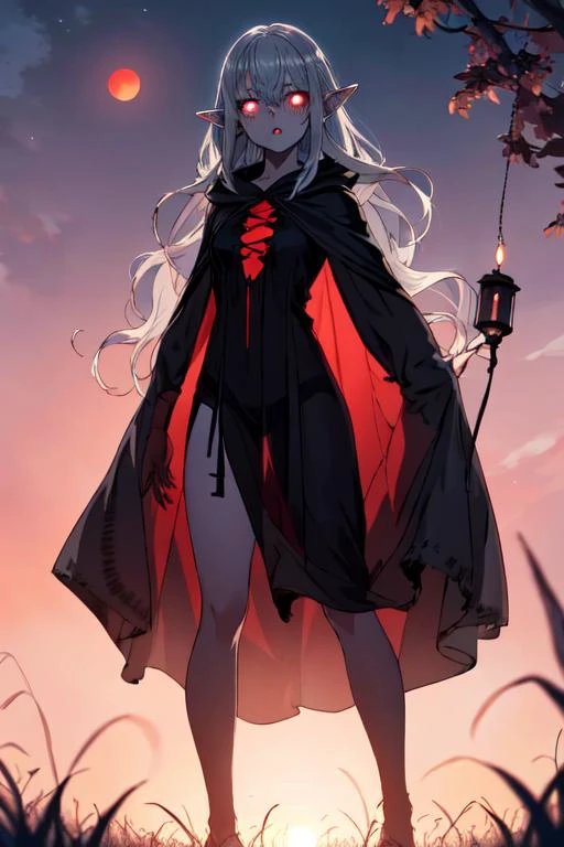 (best quality:1.2) (4k:1.) (highres:1.1) , (realistic photograph:1.1) , (ultra detailed CG:1.1) ,
1girl elf , solo , (small breasts:1) , (silver long wavy hair :1) , <lora:See-through:.8> (see-through silhouette:1) , darkness , horror , intense shadow , body silhouette , black hooded cape , black dress , sunset , horizon , gradient sky , holding lantern , standing in field , glowing eyes , thigh gaping , red moon , <lora:epiCRealismHelper:1> <lora:Gloomifier_TheDread_V1_LECO:1.5>