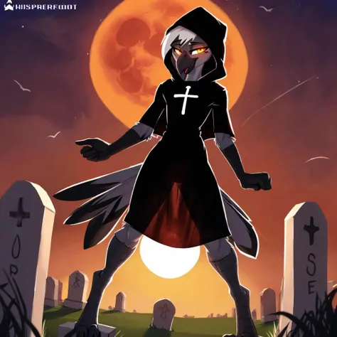 (by zackary911, by jarnqk, (by whisperfoot:1.3)),(masterpiece, best quality, intricate details), graveyard, (moon lighting:1.1), <lora:Anthro-Birds-v3.2.2-no_offset:1>Anthro, Avian, Bird, Beak,Emo,twink:1.2, Paws, Yellow Eyes, (Black Gray and White fur:1.2), White Hair, (Black Highlights in hair,:1.1) (Small Cross Tattoo Under Right Eye:1.1), Detailed Fur, (Tail Feathers:1.3), Perfect Anatomy, <lora:See-through:1>, see-through silhouette, darkness , horror , intense shadow , body silhouette , black hooded cape , black and red dress , sunset , horizon , gradient sky , holding lantern , standing in field , glowing eyes , thigh gaping , (red moon:1.2)