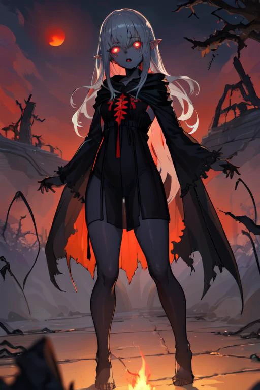 (best quality:1.2) (4k:1.) (highres:1.1) , (realistic photograph:1.1) , (ultra detailed CG:1.1) ,
1girl elf , solo , (small breasts:1) , (silver long wavy hair :1) , <lora:See-through:.8> (see-through silhouette:1) , darkness , horror , intense shadow , body silhouette , black hooded cape , black dress , sunset , horizon , gradient sky , holding lantern , standing in field , glowing eyes , thigh gaping , red moon , <lora:epiCRealismHelper:1> <lora:Gloomifier_TheDread_V1_LECO:1.5>