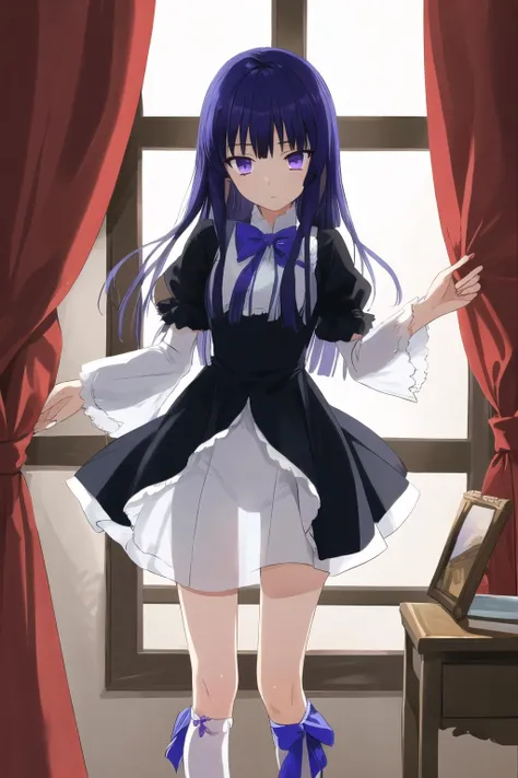 masterpiece, best quality, ultra-detailed, see-through silhouette, 1girl, frederica bernkastel, purple eyes, purple hair, long hair, purple bow, dress, frills, white kneehighs, kneehighs bow,