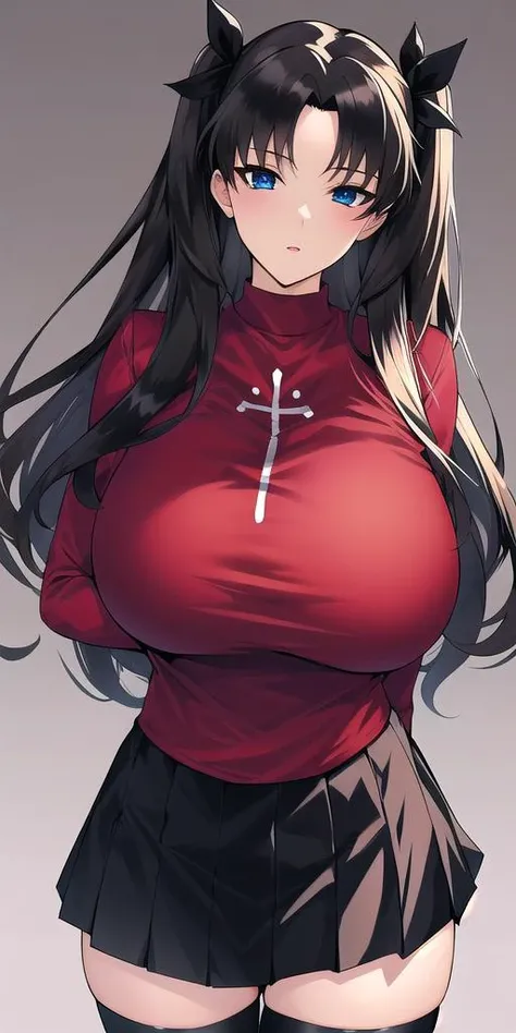 looking at viewer, huge breasts, solo, standing, tohsaka_rin_alt, masterpiece, best quality, detailed face, detailed eyes, highres,