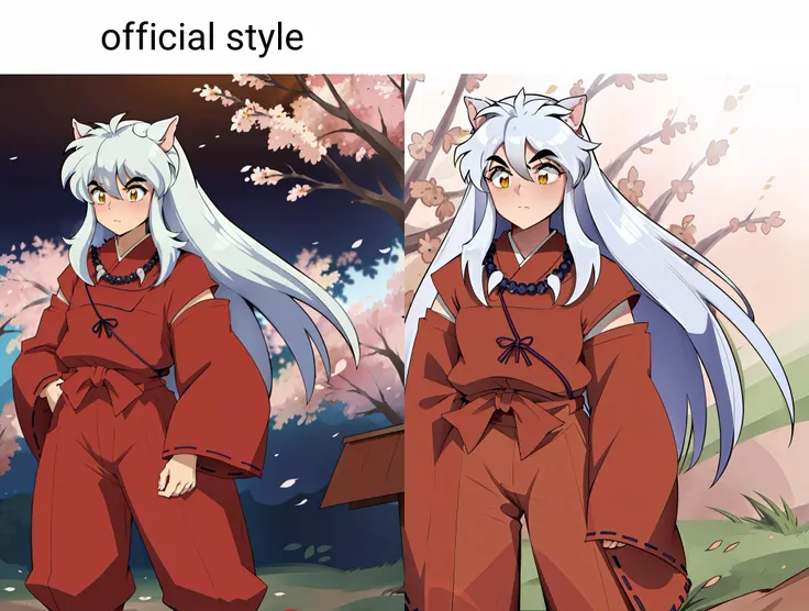 masterpiece, best quality, inuyasha standing with cherry blossoms as background, <lora:inuyasha_v1_1:1>, official style