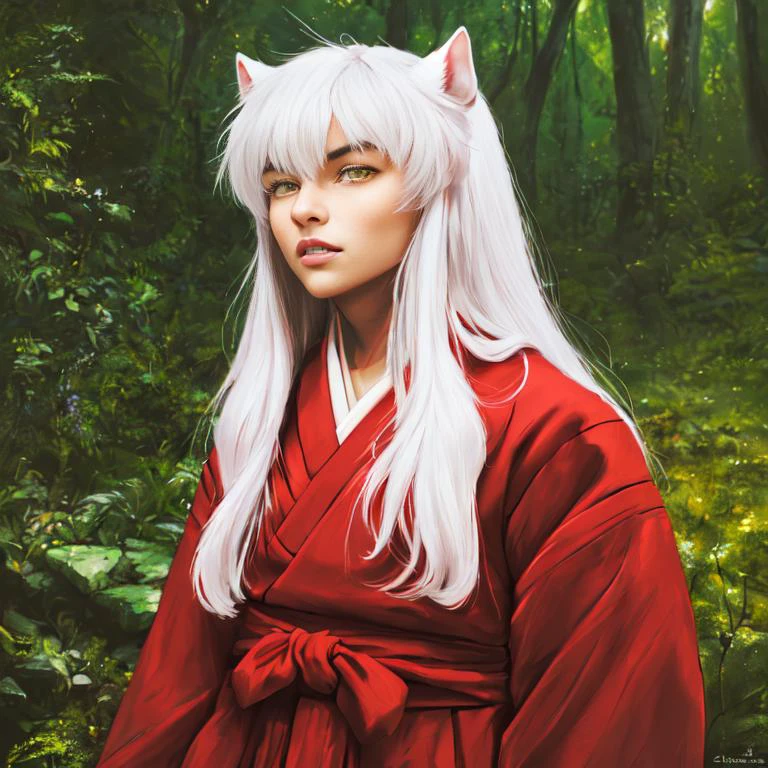dark fantasy art, uploaded on e621, nsfw, explicit, explict, (by charlietooga, charlie tooga, personalami), ((human)), high res, ((detailed realistic image)), (detailed eyes, expressive eyes), impasto impressionism, insane details, soft, cinematic lighting, pupils, (full body view), (athletic:1.1), (expressive face, detailed face), (realistic quality:1.3), photographic quality, full color, (3d:1), (forest background), (highly detailed:1.3), (very high quality:1.4), (masculine1.4), <lora:inuyashaLora_11:0.8>, official style, long hair, white hair, dog ears, yellow eyes, red kimono, (inuyasha:1), kemono,