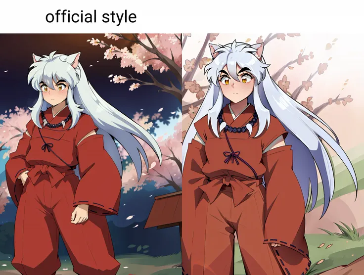 masterpiece, best quality, inuyasha standing with cherry blossoms as background, <lora:inuyasha_v1_1:1>, official style
