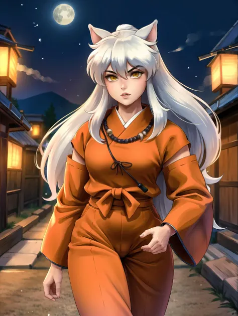 (1girl),  inuyasha, (cowboy_shot), perfect lighting, warm colors, japanese village, happy, night time, walking,  <lora:inuyasha_v1_1:0.8>