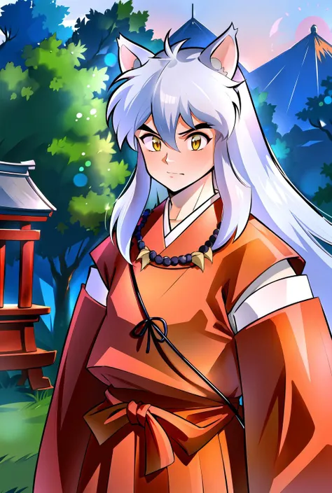 (a man), inuyasha, ((upper body, head turned to the side)), japanese forest with a shrine in the background,daytime, standing, <lora:inuyasha_v1_1:1>