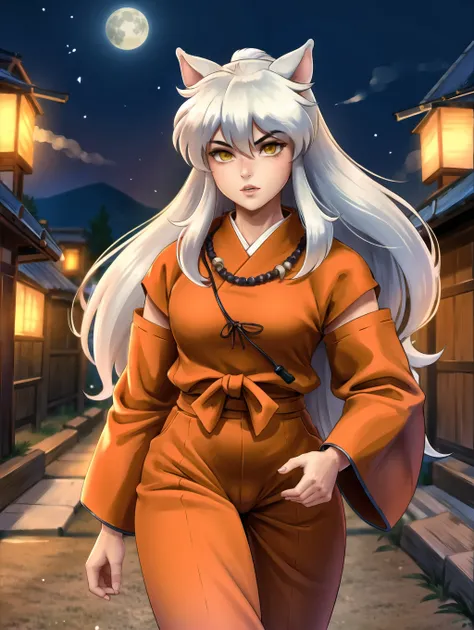 (1girl), inuyasha, (cowboy_shot), perfect lighting, warm colors, japanese village, happy, night time, walking, <lora:inuyasha_v1_1:0.8>