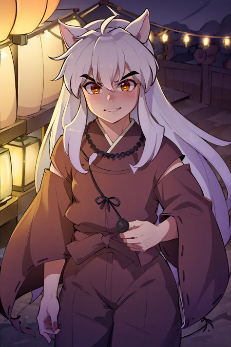 ( 8k, RAW photo,best quality, masterpiece:1.2),((1boy)) ,japanese market at night with a full moon out with lanterns and lights, cowboy shot , looking at viewer<lora:inuyasha_v1_1:1> , male inuyasha, happy