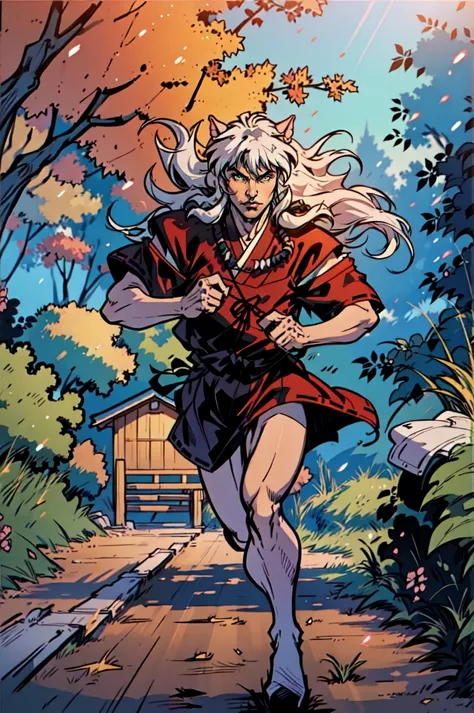 (1boy), inuyasha, ((cowboy_shot)),running in a japanese forest,daytime, <lora:inuyasha_v1_1:0.8>,hyper detailed intricate