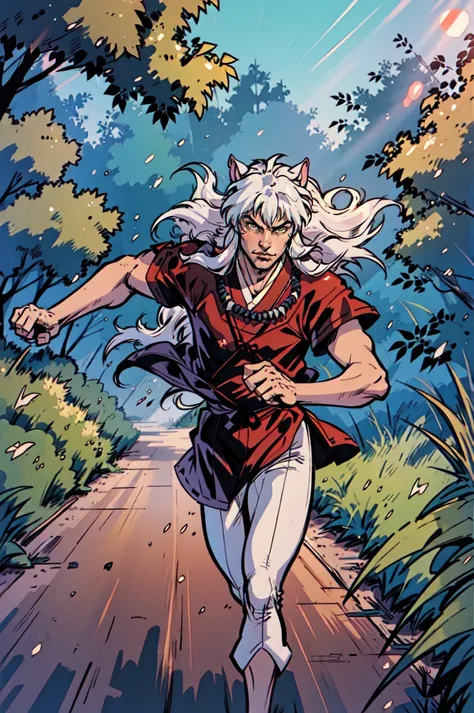 (1boy), inuyasha, ((cowboy_shot)),running in a japanese forest,daytime, <lora:inuyasha_v1_1:0.8>,hyper detailed intricate
