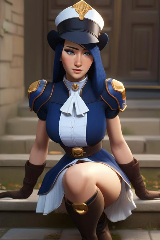 chopiocaitlyn, long hair, blue hair, shiny hair, blue eyes, (blush:1.1), (looking at viewer:1.3), outfit_1, hat, police hat, short sleeves, police uniform, white ascot, brown gloves, belt, white frilly skirt, knee boots, brown footwear,
(pale skin, detailed hair, smooth skin, oiled skin,  shiny skin, young:1.1), realistic, [8K|4K]
 <lora:42_ArcaneCaitlyn:0.69>