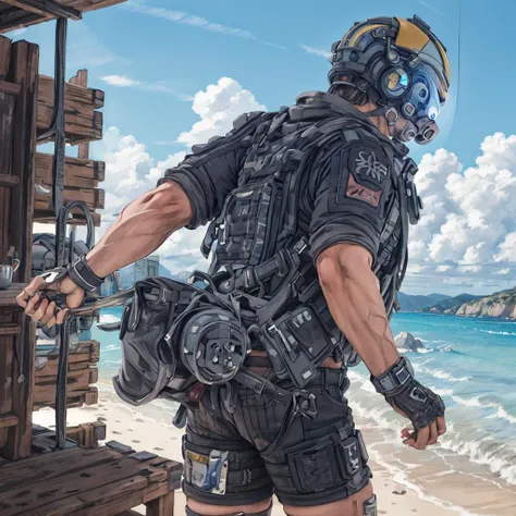 1boy,solo,solo_focus,helmet,Jack,masterpiece,Cooper,<lora:Jack_Cooper-000004:0.6> ,white beach shirt,short shorts,topless male,