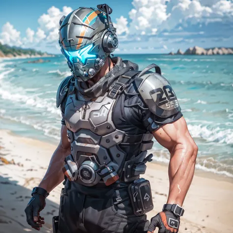 1boy,solo,solo_focus,helmet,Jack,masterpiece,Cooper,<lora:Cooper-000002:0.8>,white beach shirt,short shorts,topless male,