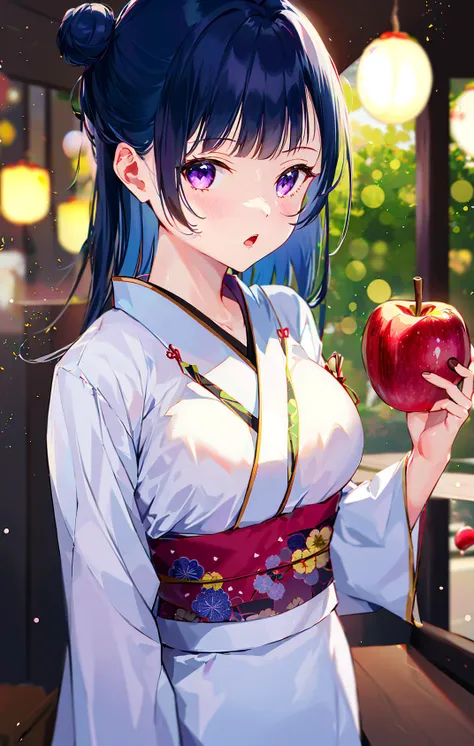 1girl, :o, alternate_hairstyle, backlighting, bangs, blue_hair, blue_kimono, blunt_bangs, blurry, blurry_background, blush, bokeh, breasts, candy_apple, collarbone, depth_of_field, eyebrows_visible_through_hair, festival, fish_print, floral_print, food, fruit, hair_bun, hair_up, holding, holding_food, japanese_clothes, kimono, lantern, lens_flare, long_sleeves, looking_at_viewer, looking_to_the_side, obi, parted_lips, print_kimono, purple_eyes, sash, side_bun, sidelocks, solo, summer_festival, tsushima_yoshiko, upper_body, white_kimono, wide_sleeves, yukata <lora:style_mignon:0.8>