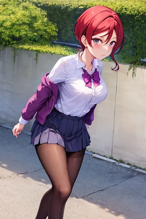 yoneme_mei,  1girl, solo,   <lora:yoneme_mei_v1:1>, short hair,
masterpiece, best quality, highres, shinjou akane, 1girl, solo, pantyhose, shirt, bow, skirt, purple jacket, jacket, white shirt, shoes, long sleeves, black skirt, collared shirt, black pantyhose, open clothes, bowtie, purple bow, breasts, bangs,  pleated skirt, off shoulder, open jacket, sleeves past wrists, purple bowtie, sneakers, miniskirt,  outdoors, building, walking, hand in pocket,