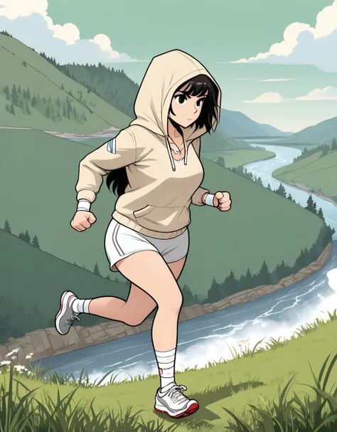 (cartoon, 2d, flat 2d style), (((masterpiece))), (((best quality))), (((outstretched fist))), (((from behind))), (((jogging on steep grassy slope:1.2))), (((punching))), (((river))), ((trees)), (((bandage wrapped hands))), (((band-aid))), (((hood covering head))), ((beige hooded jacket)), sports bra, sports shorts, sweat, gasp, wind, solo, 1girl, collarbone, (((cleavage))), (((big tits))), ((black longhair)), ribbon, open mouth, shy, blush, slim figure, summer, ramp, park, night, (((downtown))),