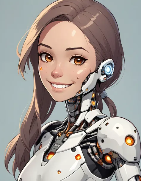 (cartoon, 2d,  flat 2d style), Masterpiece, high quality, high detail, (cyborg with female face, parts missing, damaged, broken, damaged arm, damaged leg), smile, pretty face, teeth, cheek dimples