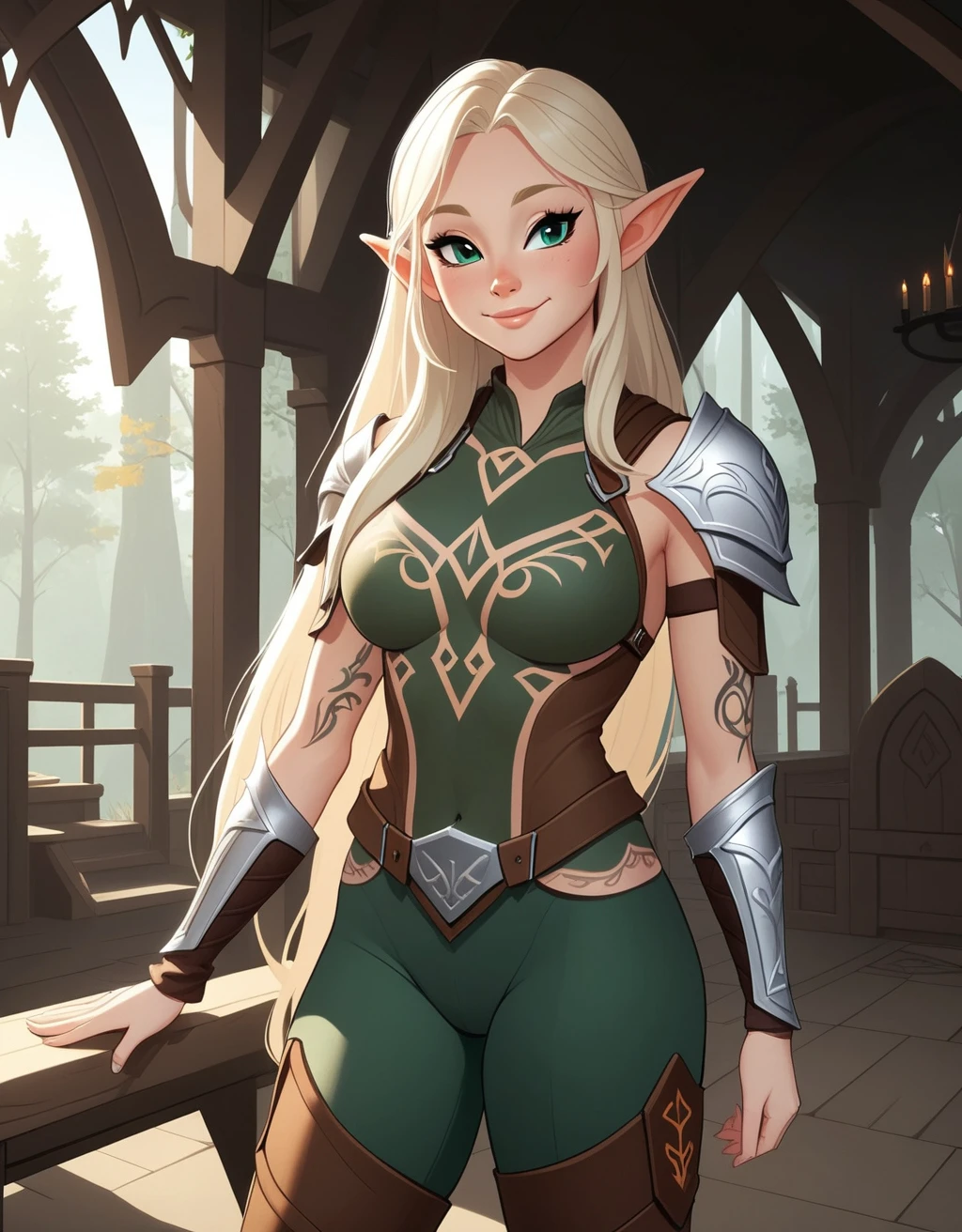 <lora:UvaXL:1> (cartoon, 2d, flat 2d style, upper body shot), Masterpiece, high quality, high detail, very busty wood elf wearing leggings, trousers, knifes, high knee boots, torso armor, shoulder pauldrons, chest armor, very long blonde hair, athletic, smile, teeth, pretty face, beautiful, gorgeous, ((elven rune body tattoos)), cheek dimples, flirting, hunting, forest, treehouse balcony, night, moon light, gold filigree trim, (), elven jewellery,