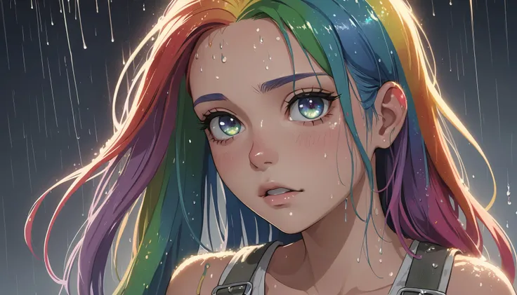 flamboyant young women, a grungy woman with rainbow hair, soft eyes and narrow chin, dainty figure, long hair straight down, torn overalls, basic white background, (side boob),wet, raining, dim volumetric lighting, portrait, intricate, (sparkling eyes), cinematic lighting, smooth, sharp focus, illustration