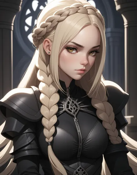 (cartoon, 2d, flat 2d style), beauty woman, extremely long blond hair, braided hair, gothic, crouched angle, zenithal lighting, wlop, ultra ornate, highly detailed, cinematic, smooth, sharp focus, human figure, artgerm, darius zawadzki, giger