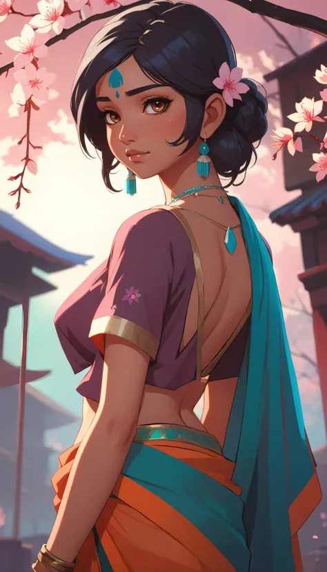 21 years old blossom (Indian young woman), vibrant, epic background, sexy outfit, pure, wholesome, cute, Keplers Law, 2d sprite, glow, ilya kuvshinov, krenz cushart, artgerm, 8k, trending on ArtStation