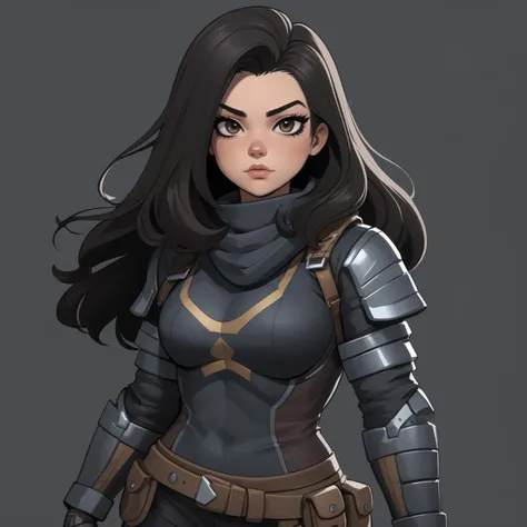 Character art, reference sheet, female, halfling, (long eyeliner), long dark hair,  bombshell hair, [smug|bored] look, [paladin|bounty hunter] outfit, simple dark background, (8k, high definition)