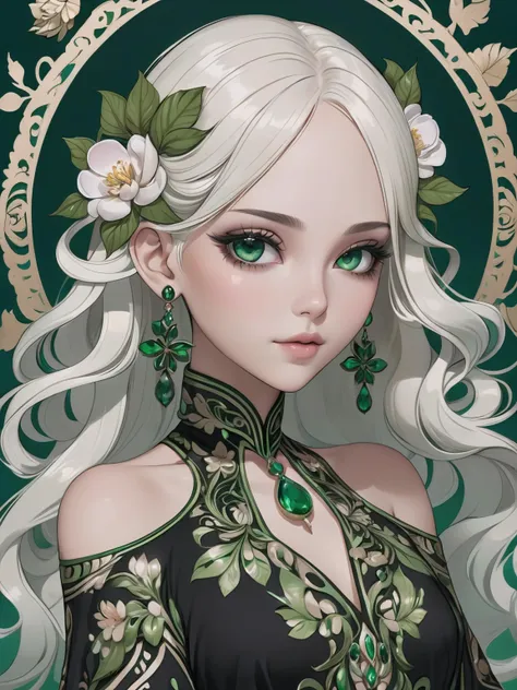 A beautiful woman with off-white hair,long,flower hair ornament, perfect round eyes,detailed eyes,beautiful eyes,emerald luminous eyes,earrings,black floral dress with intricate patterns,black and green,vibrant,masterpiece,best quality,ultra detailed, looking at viewer,facing viewer,<lora:add-detail-xl:1.5>