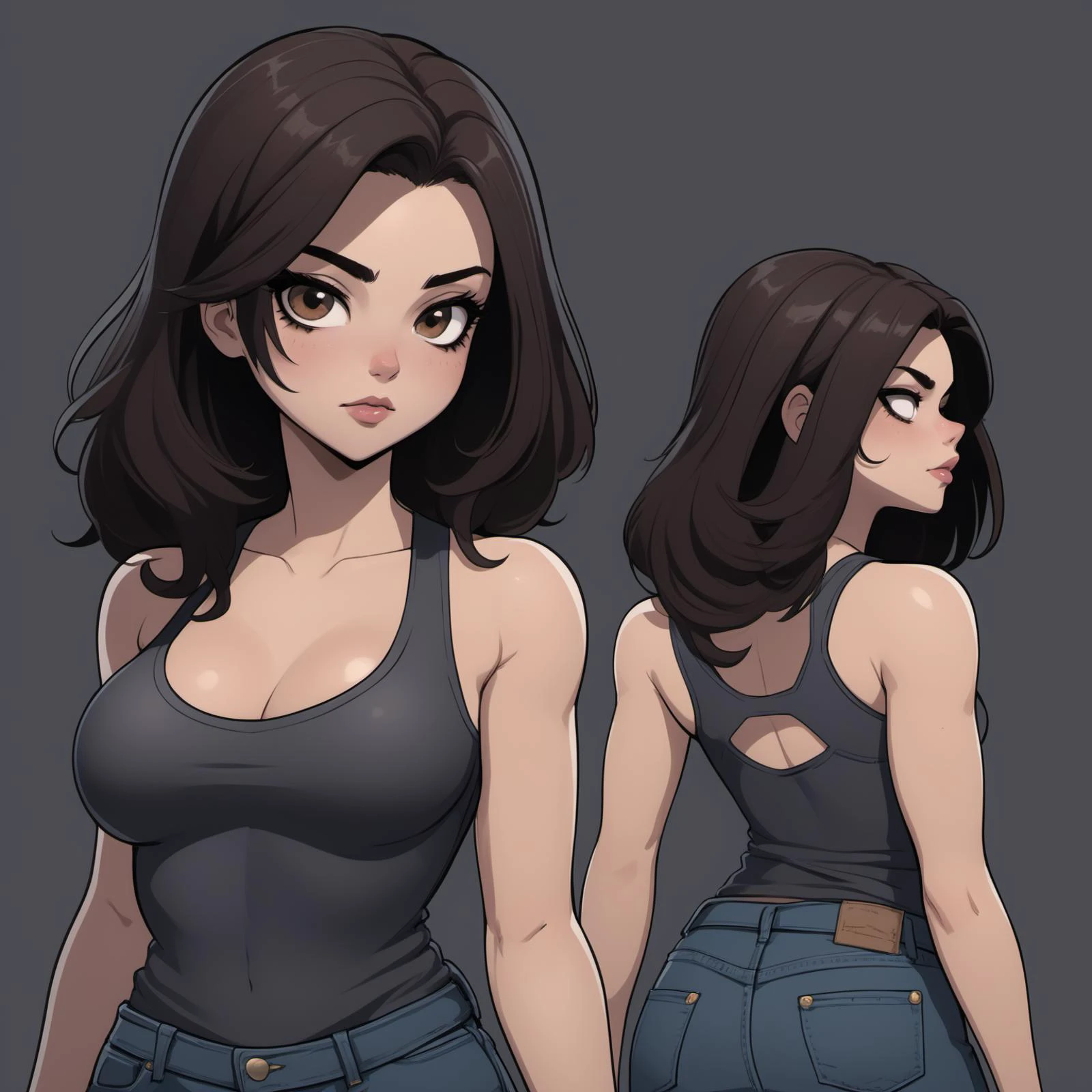 Character art, reference sheet, female, halfling, (long eyeliner, awesome makeup), long dark bombshell hair, [smug|bored] look, skinny jeans, tank top, big boobs, simple dark background, (8k, high definition)