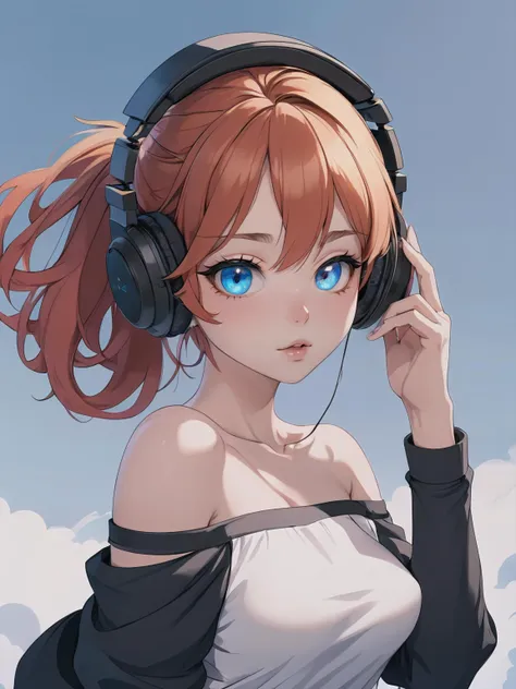 (masterpiece, best quality, detailed, minimalist background, dynamic pose), official artwork, 1girl, solo, heterochromia, yellow eye, covered sky-blue eye, glowing eyes, (red hair, messy hair, hair over eye, ahoge, tilted head), hairclip, kiss, close-up, long side ponytail, blush, headphones, white top, off shoulder, black arm sleeves, hand near face, cute pose, detailed eyes, pastel colors, soft shading,