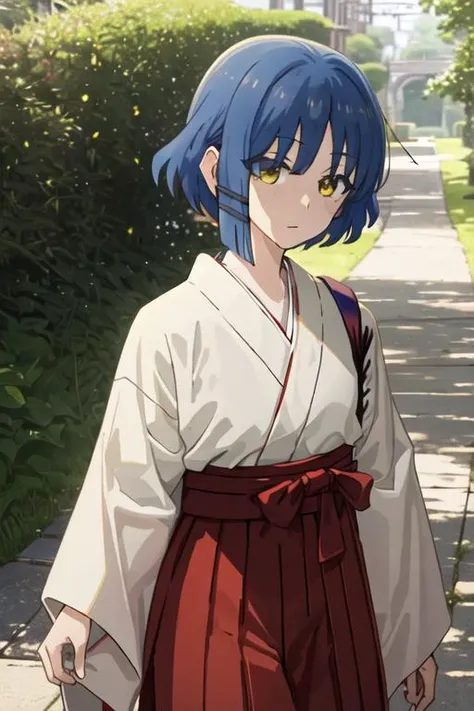 best quality, masterpiece, highres, solo, {white kimono:1.35}, {red hakama:1.35}, {wide sleeves:1.20}, {yamada_ryo_bocchitherock:1.15}, blue_hair, short_hair, bangs, mole_under_eye, mole, yellow_eyes, hair_ornament, closed_mouth, hairclip