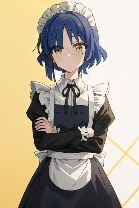 best quality, masterpiece, highres, solo, {yamada_ryo_bocchitherock:1.15}, blue_hair, short_hair, bangs, mole_under_eye, mole, yellow_eyes, hair_ornament, closed_mouth, hairclip, 1girl, alternate_costume, apron, black_dress, black_ribbon, dress, enmaided, expressionless, frills, looking_at_viewer, maid, maid_apron, maid_headdress, neck_ribbon, ribbon, upper_body, white_apron, yellow_background, frilled_apron, short_sleeves