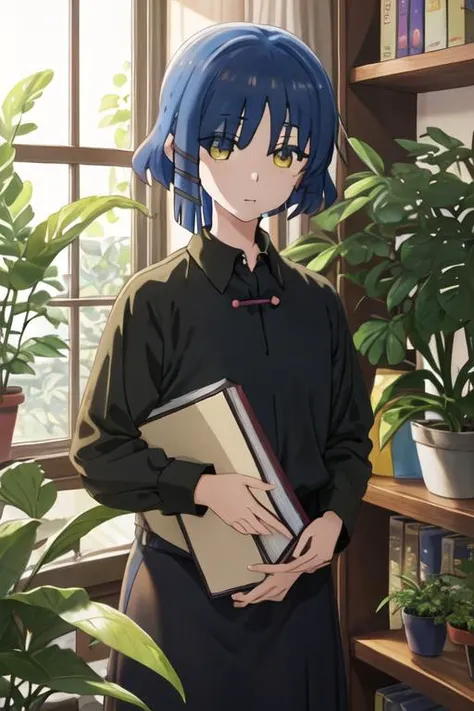 best quality, masterpiece, highres, solo, {yamada_ryo_bocchitherock:1.15}, blue_hair, short_hair, bangs, mole_under_eye, mole, yellow_eyes, hair_ornament, closed_mouth, hairclip, 1girl, black_shirt, book, collared_shirt, indoors, plant, potted_plant, shirt, bookshelf, open_mouth, holding, upper_body, holding_book, long_sleeves, looking_at_viewer