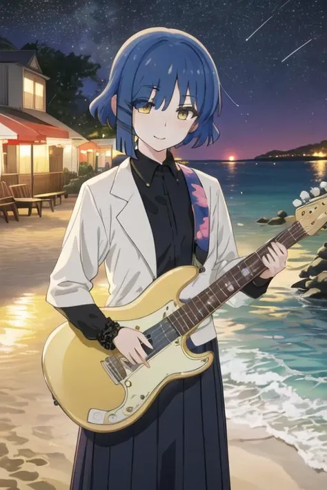 best quality, masterpiece, highres, solo, {night:1.10}, {starry sky:1.10}, beach, beautiful detailed sky, {extremely detailed background:1.20}, {yamada_ryo_bocchitherock:1.15}, {standing:1.10}, looking at viewer, {bikini:1.30}, blue_hair, short_hair, bangs, mole_under_eye, mole, yellow_eyes, hair_ornament, closed_mouth, hairclip, light smile