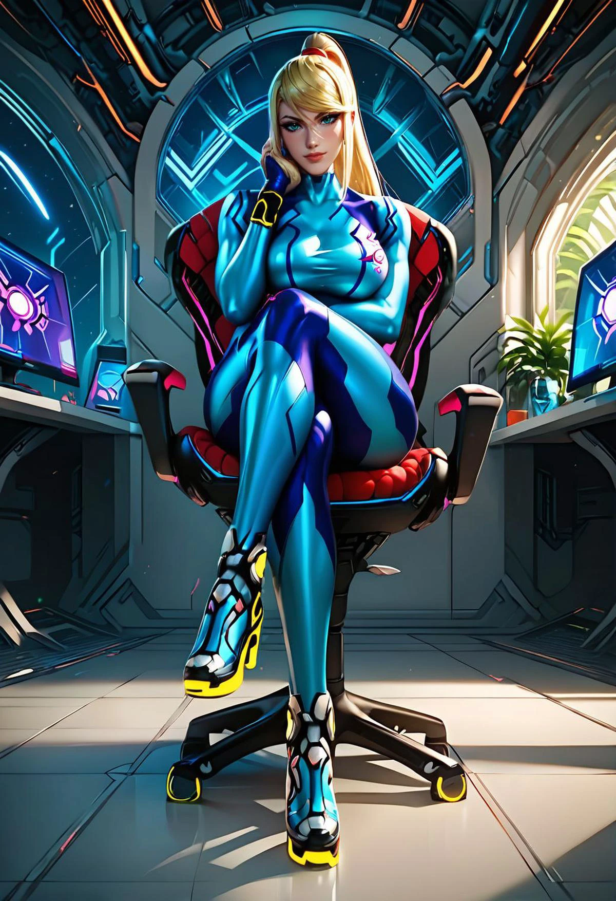 score_9, score_8_up, score_7_up,
beautiful aesthetic, very intricate, high quality details,
1girl, mature female,
samus aran, fully clothed, zero suit, full bodysuit,
sitting, computer chair,
head rest, crossed legs,
light smile, looking at viewer,
indoors, science fiction, spacecraft,
cowboy shot
<lora:Smooth_Mix:0.8>